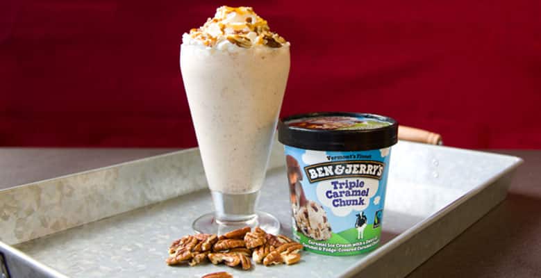 A milkshake with a pint of Triple Caramel Chunk & pecans
