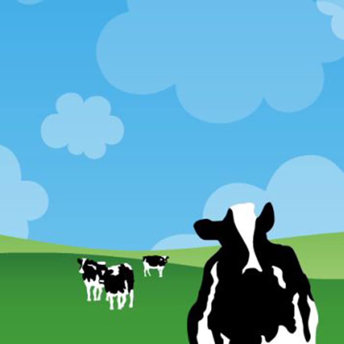 Illustrated cows, hills, and clouds
